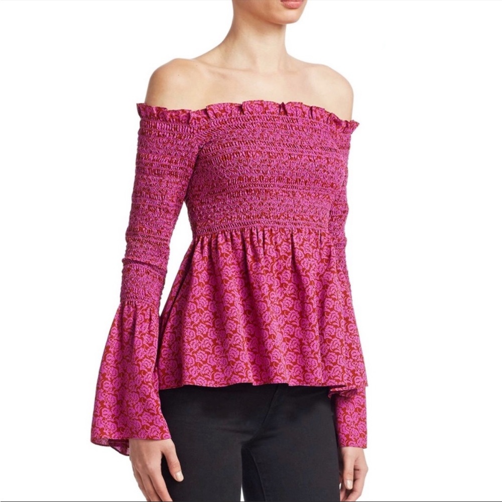 NWT A.L.C 100% silk off shoulder smocked bell sleeve patterned Agra top size 6